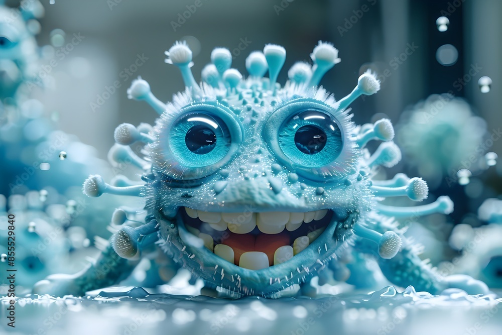 Poster cute 3d microbe with smiling expression under microscope closeup