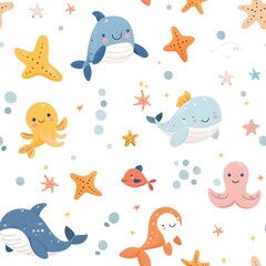 Cute Sea Animals Themed Patterns for Baby Nursery on White Background