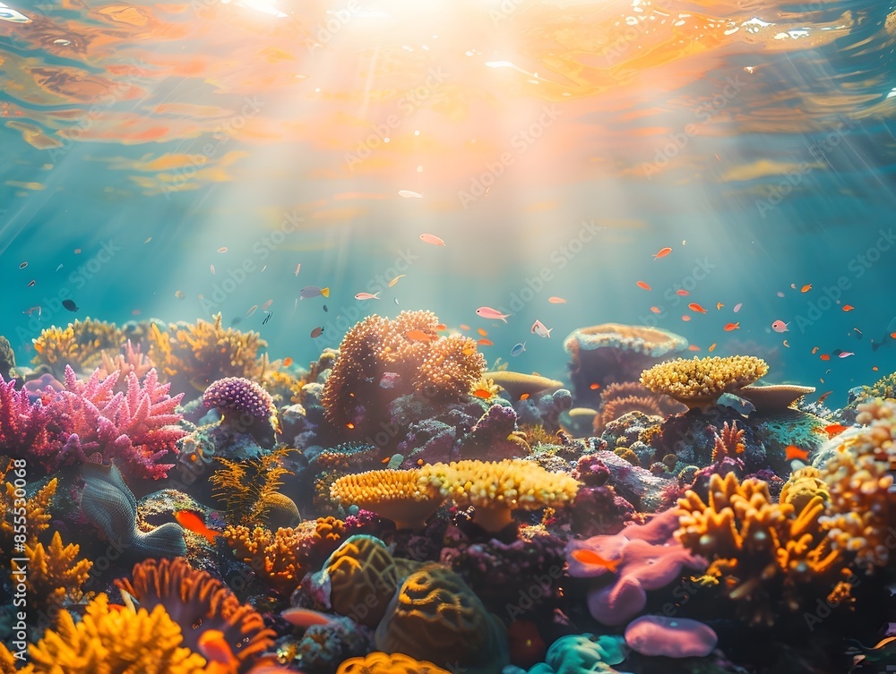 Sticker vibrant coral reef teeming with diverse marine life illuminated by warm sunlight