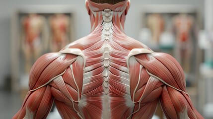Panoramic view of a back of a person from his head to waist , muscles of neck, shoulders and back visible , backbone depiction and other bones showing , educational concept of deep anatomy
