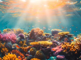 Vibrant Coral Reef Teeming with Diverse Marine Life Illuminated by Warm Sunlight