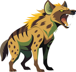 Aggressive spotted hyena showing teeth standing on white background