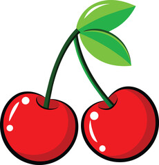 Two shiny red cherries with green leaves growing together
