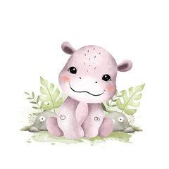 Watercolor Illustration Hippo and Tropical Leaves
