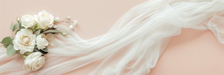 Fototapeta premium Elegant White Roses and Sheer Fabric on Peach Background: Minimalist Floral Arrangement