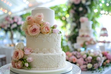 Fototapeta premium Elegant White Wedding Cake with Pink Roses in Floral Garden Setting