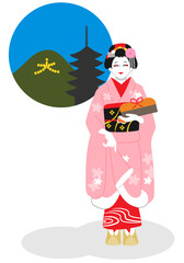 京都の舞妓さんと五重塔と大文字焼きの背景のベクターイラストレーション