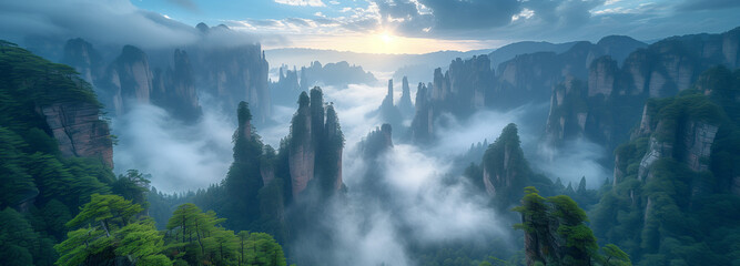 Naklejka premium Aerial Photography of Wulingyuan National Scenic Spot in Zhangjiajie, China, Showcasing Mountains, Peaks, and Steep Cliffs with Mist