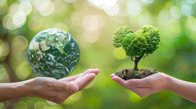 Two hands depicting world environment day , one hand carrying the earth globe and the other hand carrying a heart shaped tree and its root soil , Blurry nature background