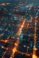 Fototapeta premium A futuristic hologram aerial view of urban areas with glowing grids, showcasing advanced technology and city infrastructure