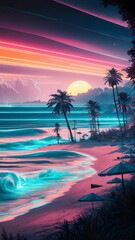 tropical sunset with trees a painting of palm trees and the ocean with a sunset in the background.