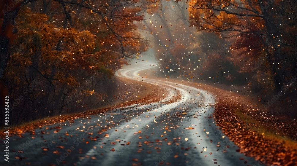 Poster Winding Autumn Country Road Lined With Vibrant Foliage and Gently Falling Leaves