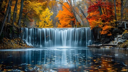 Fototapeta premium Cascading Waterfall Surrounded by Vibrant Autumn Foliage and Reflecting Pool