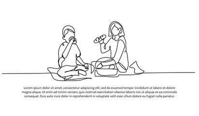 Continuous one line design of picnic with my son.Minimalist style vector illustration on white background.