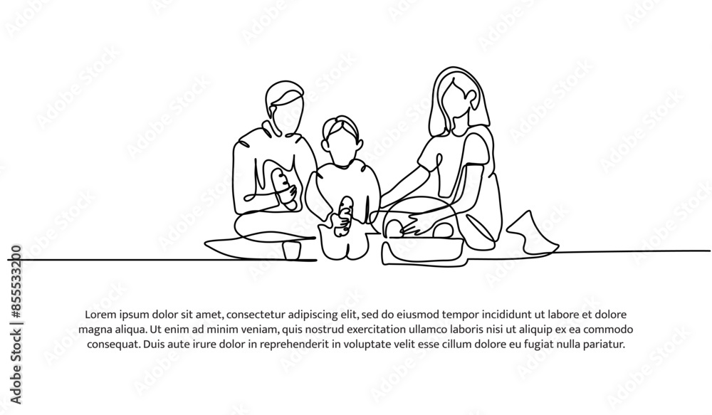 Poster continuous one line design of picnic with family.minimalist style vector illustration on white backg