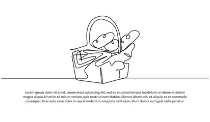 Continuous one line design of picnic basket.Minimalist style vector illustration on white background.