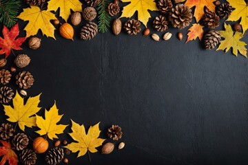 Colorful fall leaves, nuts and pine cones. Bottom border over a rustic dark banner background. Top view with copy space.