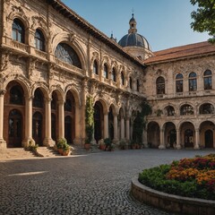 Fototapeta premium Cultural Center: Write about a historic city with ornate architecture and cobblestone streets, where centuries-old buildings are juxtaposed against manicured gardens and vibrant public squares.