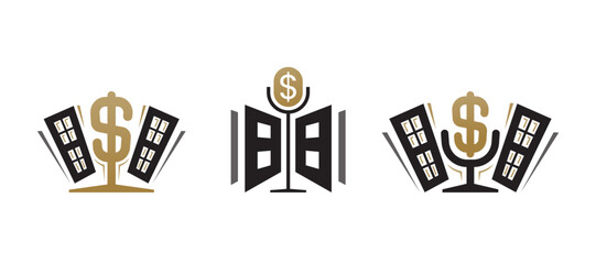 Money podcast or music with door icon symbol. Creative logo design