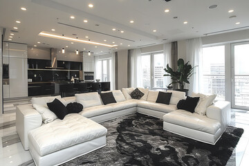 Modern White Living Room and Kitchen