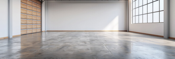 Fototapeta premium Empty warehouse building interiors in neutral tones with ample copy space. Concept image on commerce, stock, storage and industrial businesses.