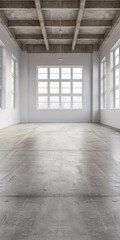 Fototapeta premium Empty warehouse building interiors in neutral tones with ample copy space. Concept image on commerce, stock, storage and industrial businesses.