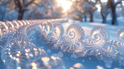 An abstract scene featuring frosted glass spirals with a blurred winter landscape in the background. The delicate frosted glass spirals are intricate, with the soft focus of snowy trees
