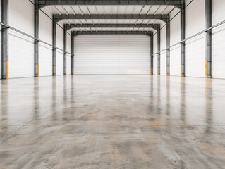 Empty warehouse building interiors in neutral tones with ample copy space. Concept image on commerce, stock, storage and industrial businesses.