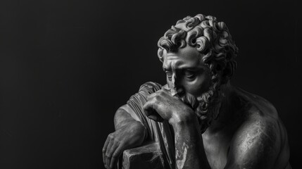 greek statue of a stoic with a sad expression on dark background