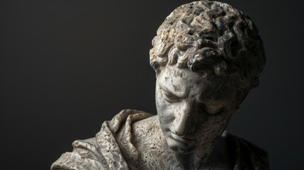greek statue of a stoic with a sad expression on dark background
