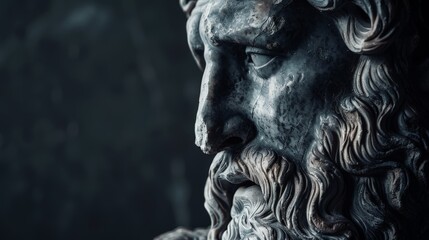 greek statue of a stoic with a sad expression on dark background