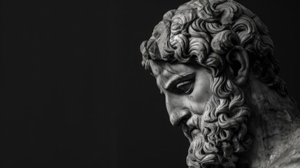 greek statue of a stoic with a sad expression on dark background
