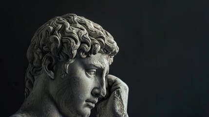 greek statue of a stoic with a sad expression on dark background