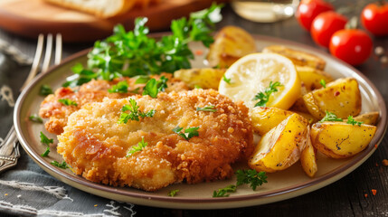 Fototapeta premium Crispy breaded wiener schnitzel with parsley and lemon
