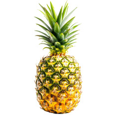 Fototapeta premium Fresh pineapple with green leaves and yellow-orange skin, isolated on a white background, showcasing its vibrant colors and tropical appeal.