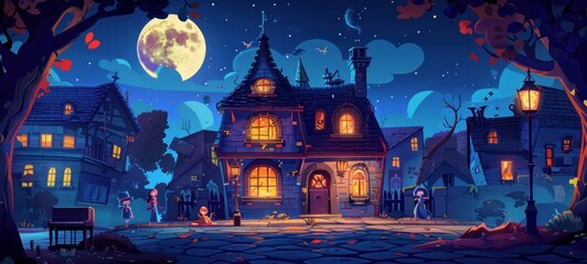 Charming Cartoon-Style Witch House with Large Window Under Starry Sky and Full Moon, Surrounded by Enchanting Night Landscape