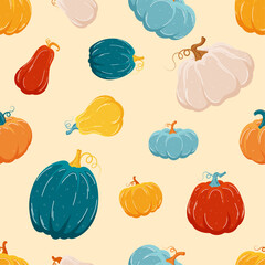Autumn pumpkin seamless pattern vector in hand drawn style