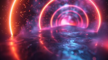 Obraz premium An abstract scene of neon light spirals on a dark nightclub-like background. The neon spirals illuminate the dark scene, creating a vibrant and dynamic atmosphere