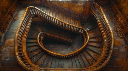 An abstract scene of spiral staircases viewed from above, highlighting a vintage architectural style. The staircases feature ornate railings and aged wooden steps, evoking the charm of classic design