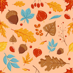 Autumn leaves, acorn and branches seamless pattern vector in hand drawn style