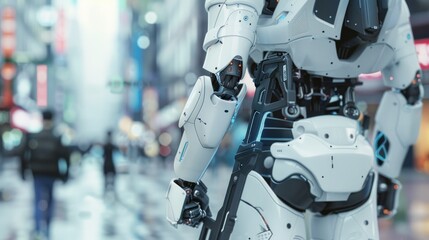 police robot with gun on the street city downtown