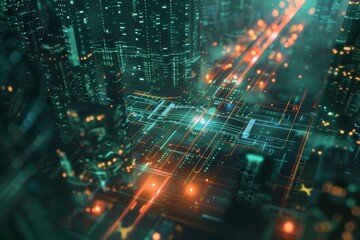 Obraz premium A futuristic cityscape captured from an aerial perspective, featuring vibrant holographic data overlays enhancing the urban landscape with a blend of technology and architecture