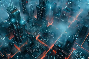 Fototapeta premium A futuristic cityscape captured from an aerial perspective, featuring vibrant holographic data overlays enhancing the urban landscape with a blend of technology and architecture