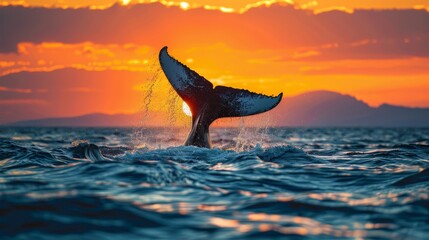Fototapeta premium Whale diving playfully at dawn, sunrise colors brightening the sky and water, raw and vivid marine moment