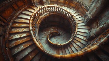 An abstract view of spiral staircases from above, showcasing a vintage architectural style. The staircases feature ornate railings and aged wooden steps, evoking the charm of classic design