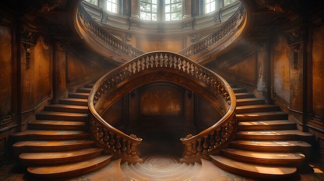 An abstract view of spiral staircases from above, featuring a vintage architectural style. The staircases have ornate railings and aged wooden steps, evoking the charm of classic design