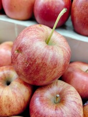 Photo of natural organic ripe sweet red apples. Sweet, fresh and healthy fruit.