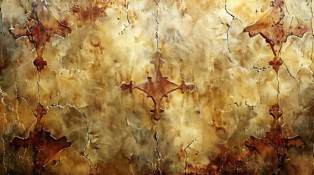An artistic depiction of cross patterns on an ancient manuscript texture, creating a historical or religious theme. The crosses are intricately detailed