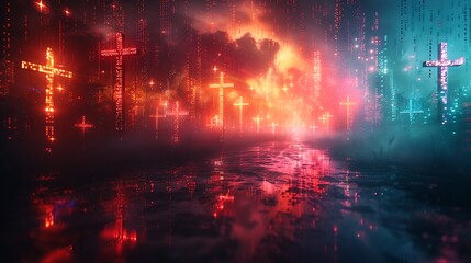 An artistic depiction of crosses within a digital glitch art composition, creating a tech-inspired disruptive look. The crosses are surrounded by glitch effects, distorted lines, and vibrant colors
