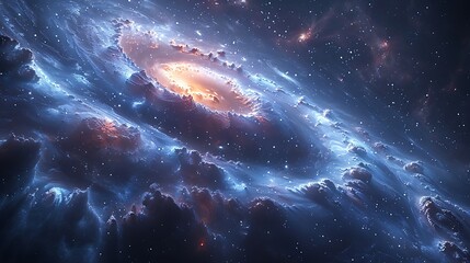 An artistic depiction of hypnotic spirals against a deep blue galaxy background, suggesting vastness and mystery. The spirals and starry sky blend seamlessly, creating an enchanting